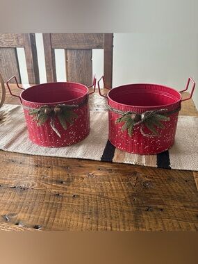Red Holiday Rustic Metal Buckets with Pine Accent (Pair)